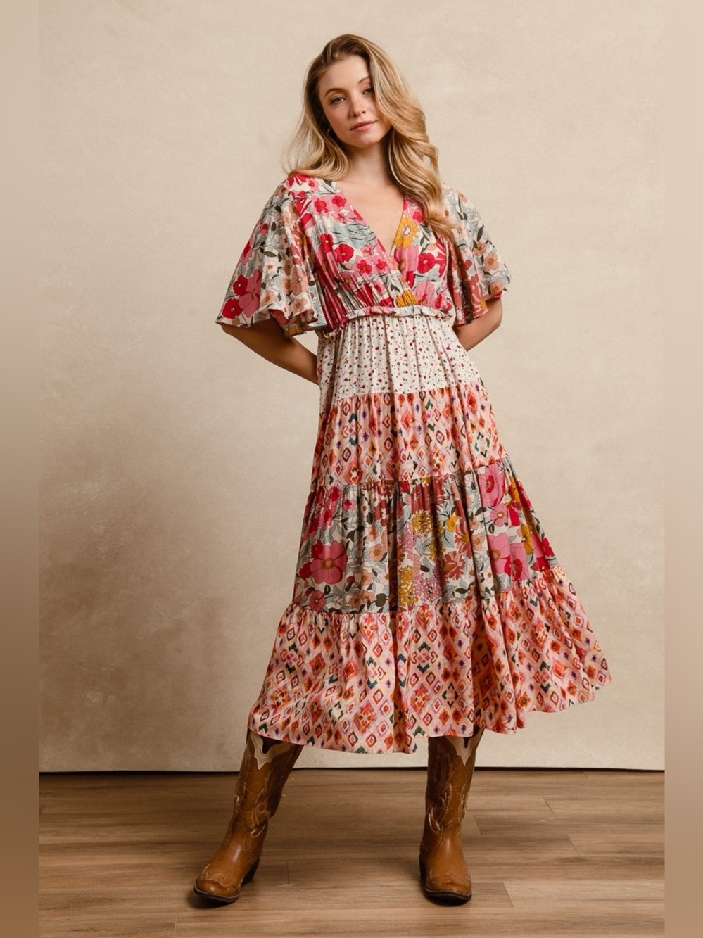 BiBi Floral Print Mix and Match Midi Dress